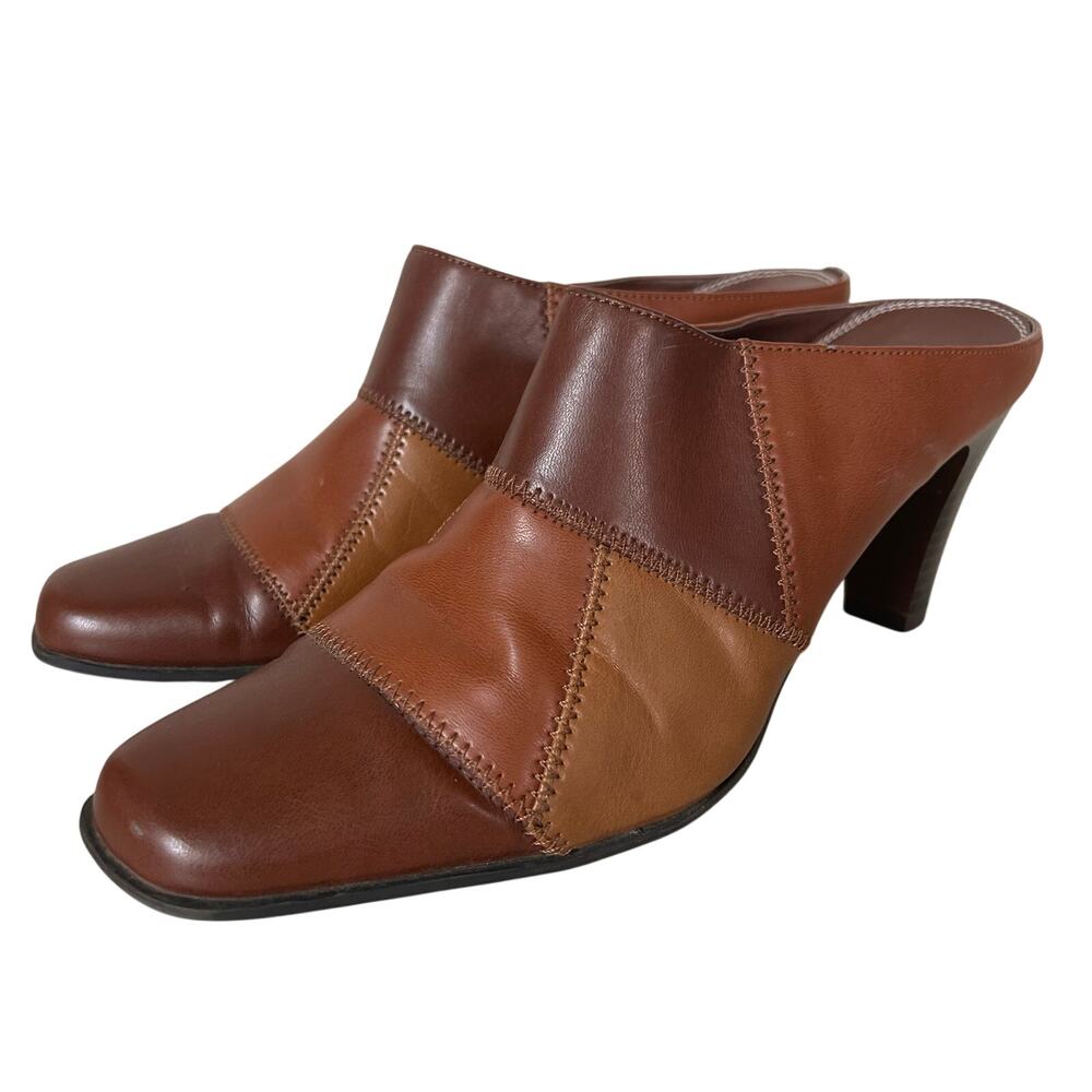 Vintage Studio Works patchwork faux leather heeled mules festival Y2K boho 8